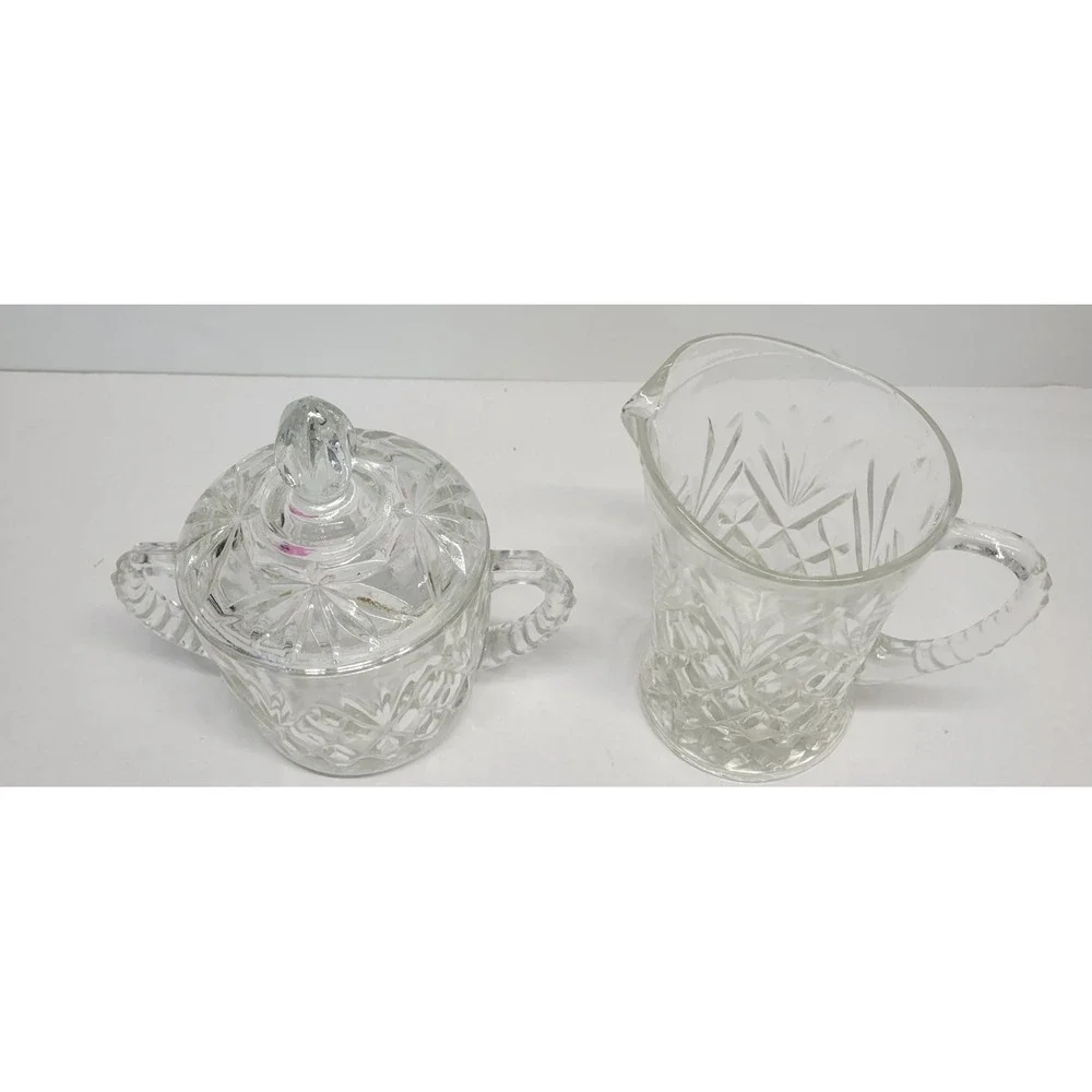 Vintage Clear Pressed Glass Creamer and‎ Lidded Sugar Bowl Set Sunburst Diamond